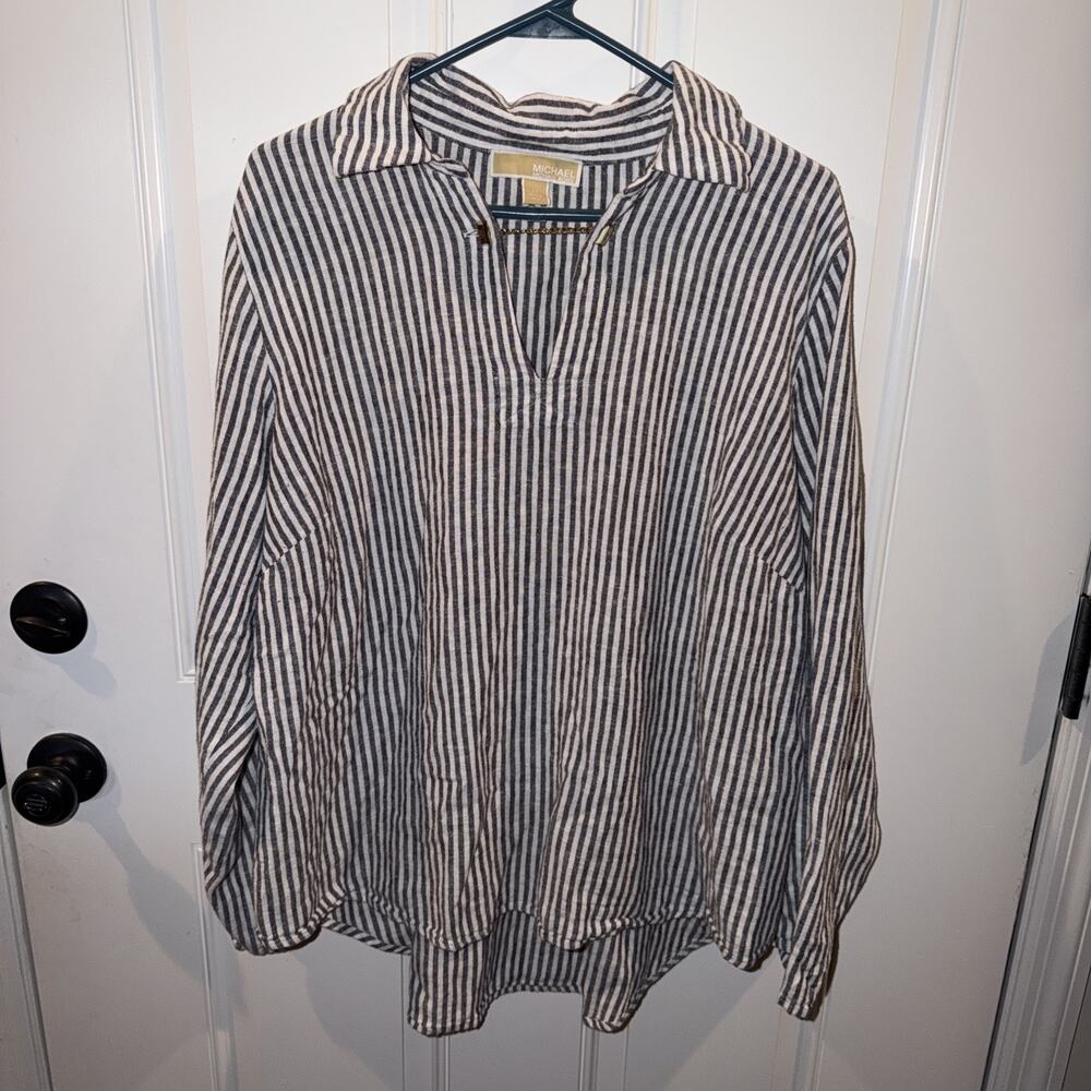 Michael Kors Blouse Womens 2X Blue White Striped Plus Size Linen Blend V-Neck EC